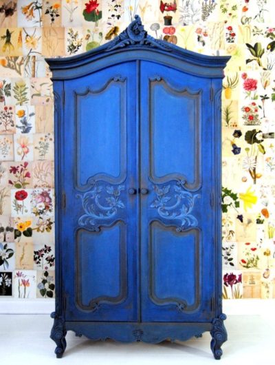 Ornate Blue Armoire by Annie Sloan Painter in Residence Ildiko Horvath painted with Chalk Paint®