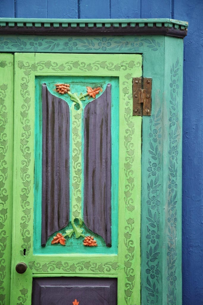 Boho Door by Annie Sloan Painter in Residence Janice Issitt painted and stencilled with Chalk Paint® in Florence, Antibes Green, Napoleonic Blue and Barcelona Orange