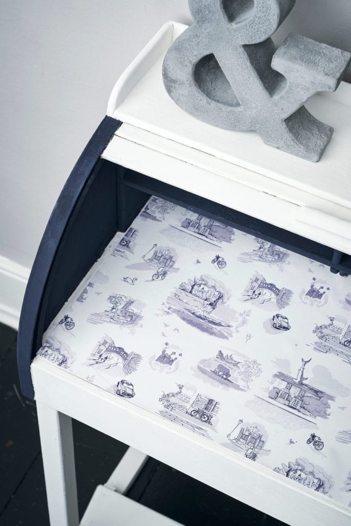 Bureau painted with Chalk Paint® in Pure and Oxford Navy and decoupaged with the Oxford Toile Paper from The Colourist Issue Four