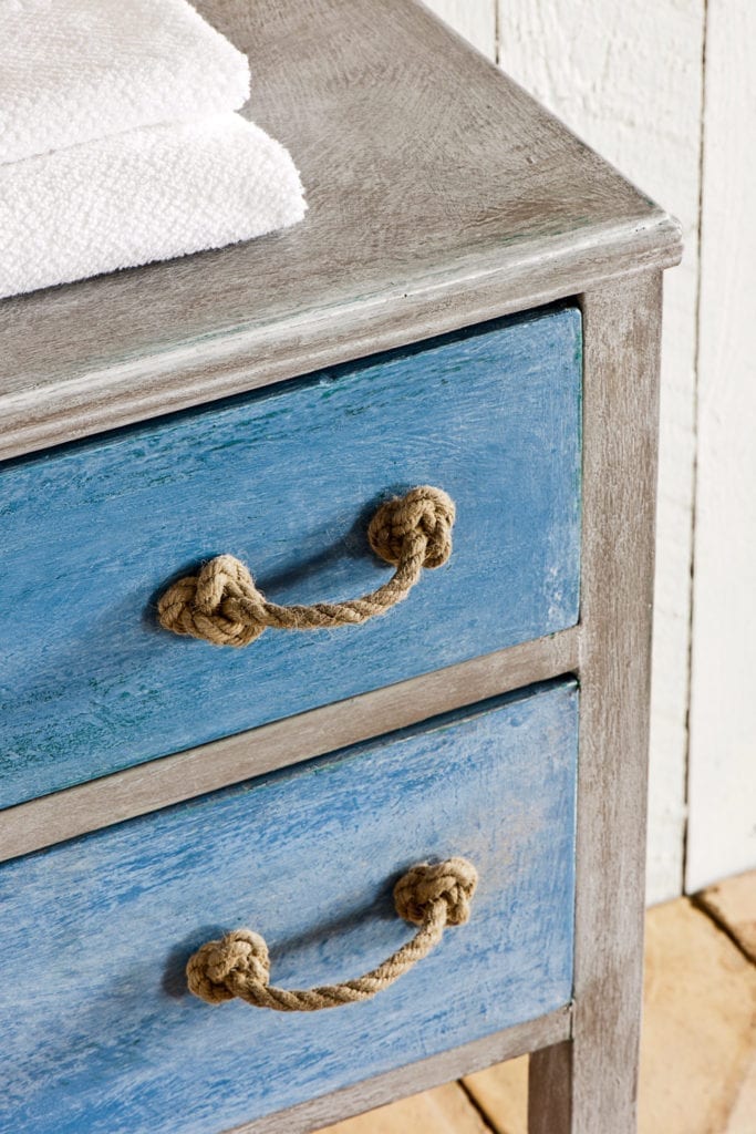 Coastal bathroom painted with Chalk Paint® furniture paint by Annie Sloan in a seaside palette of Greek Blue, French Linen and Old White.