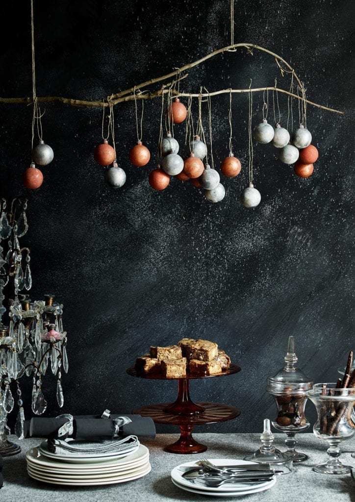 Dark Christmas Dining room painted by Annie Sloan in Chalk Paint® in Athenian Black, with fabric and rusty rustic baubles