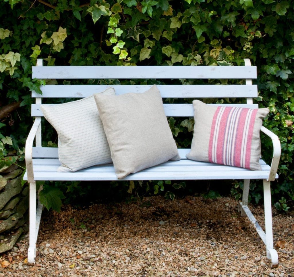 Garden Bench painted with Chalk Paint® by Annie Sloan in Louis Blue and Old White and finished with Matt Lacquer.