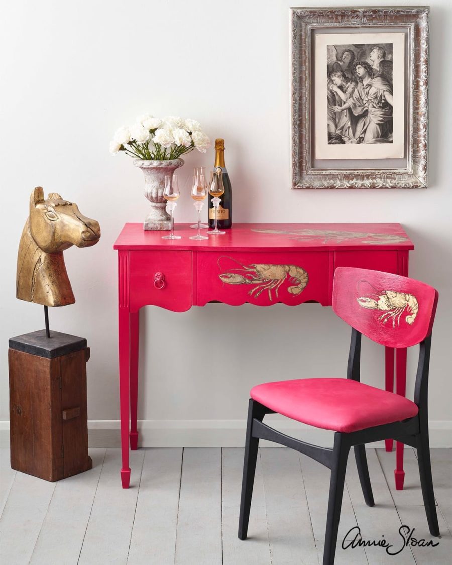 Hollywood Regency style desk and chair in Capri Pink by Felix Sloan