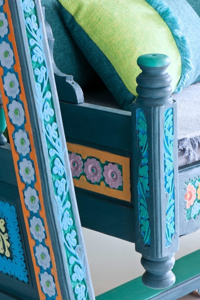 Pakistani Truck Art inspired Jhoola, a wedding swing, painted with Chalk Paint® by Annie Sloan in blues and celebratory colours. Linen Union in Provence + Aubusson Blue finishes