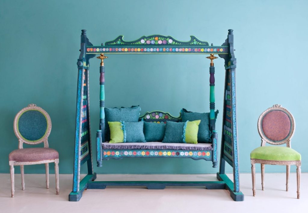 Pakistani Truck Art inspired Jhoola, a wedding swing, painted with Chalk Paint® by Annie Sloan in blues and celebratory colours. Linen Union in Provence + Aubusson Blue finishes
