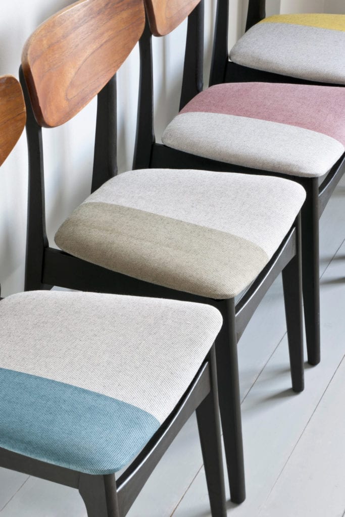 Mid-Century modern dining chairs covered with fabric painted with Chalk Paint® by Annie Sloan