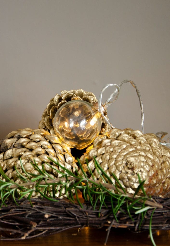 Gilding Wax by Annie Sloan in Bright Gold covered pinecones for Christmas