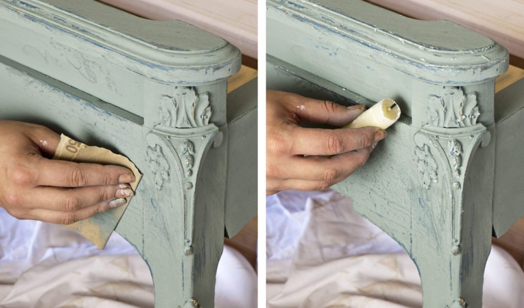 Rustic wax-resist headboard painted with Chalk Paint® by Annie Sloan from her Normandy Farmhouse step 3 and 4