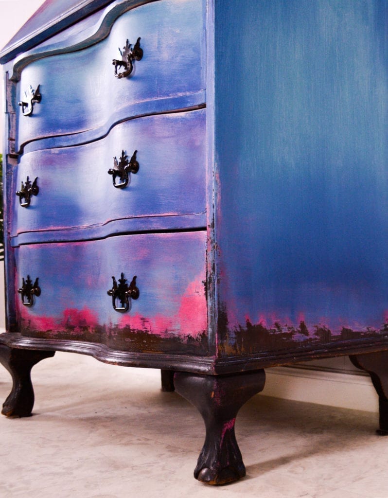 Textured and distressed pink and blue bureau by Annie Sloan Painter in Residence Girl in Blue Designs painted with Chalk Paint® furniture paint