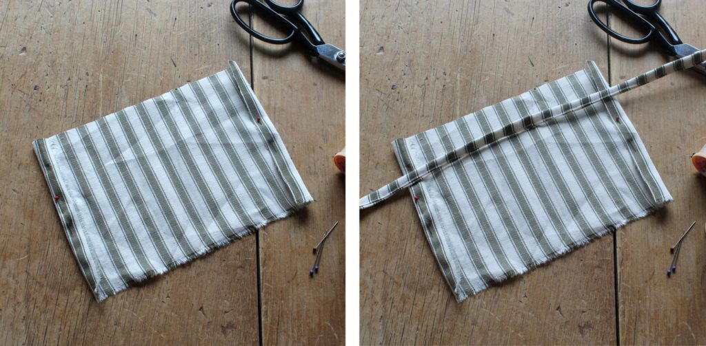 Ticking striped fabric by Annie Sloan in Olive being sewn for an advent calendar pouch