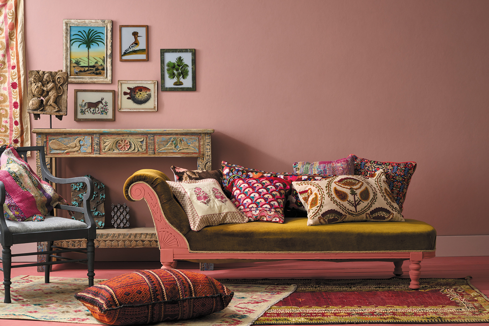 Piranesi Pink Wall Paint by Annie Sloan Staged Chaise Longue and Assorted Cushions and Boho Accessories Staging
