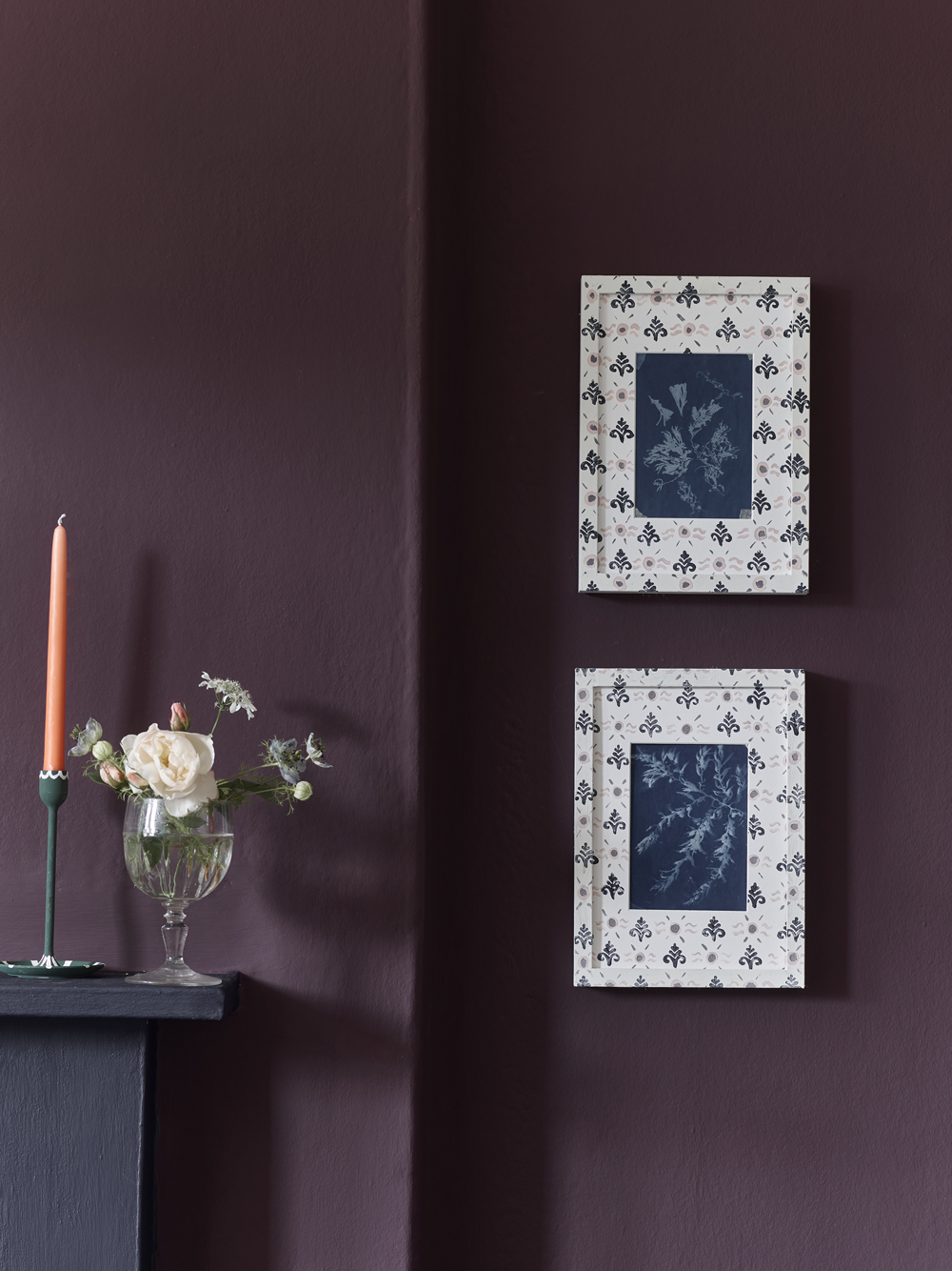 Close Up of Annie Sloan Tyrian Plum Wall Paint and Decorative Illustration Frames