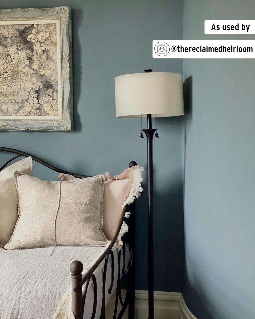 Cambrian Blue Wall Paint by Annie Sloan featuring Bed and Lamp Staging from The Reclaimed Heirloom