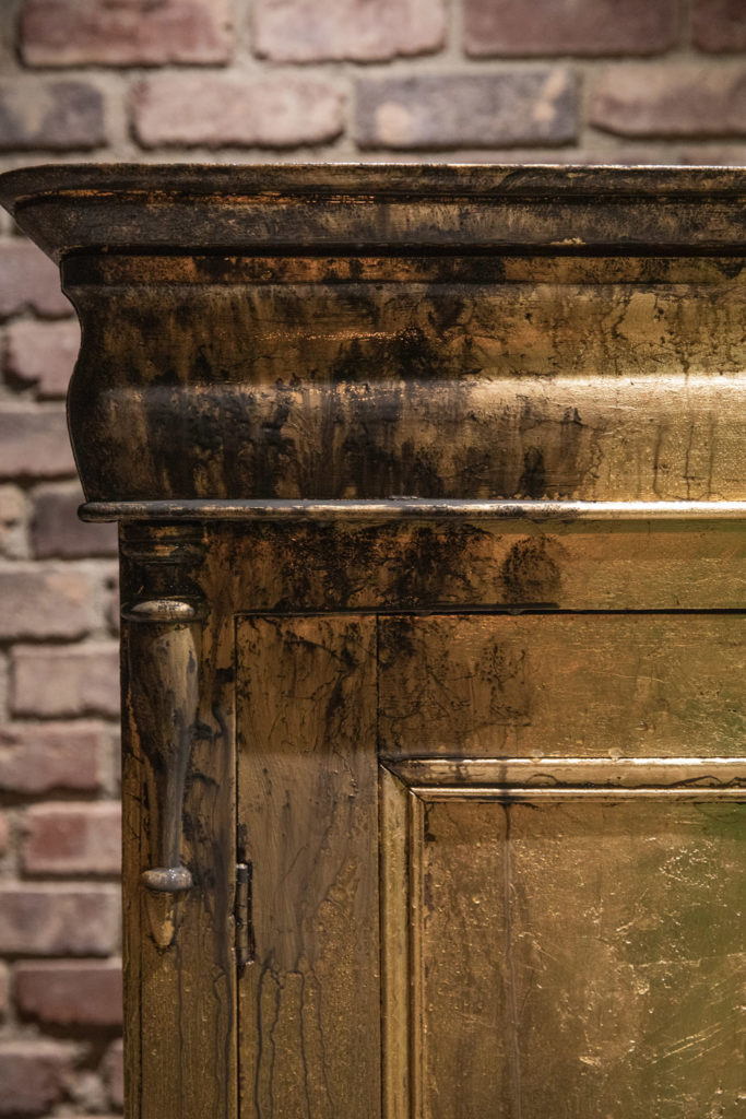 Annie Sloan Painter in Residence 84 Square Faded Glamour Belgian Cupboard in Annie Sloan Chalk Paint in Honfleur with Gold Size Detailing Close Up