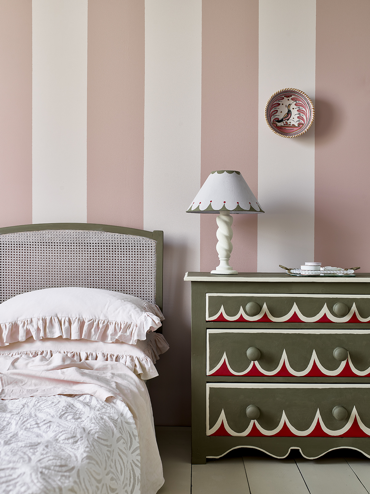 Annie Sloan wall painted used in striped effect in bedroom