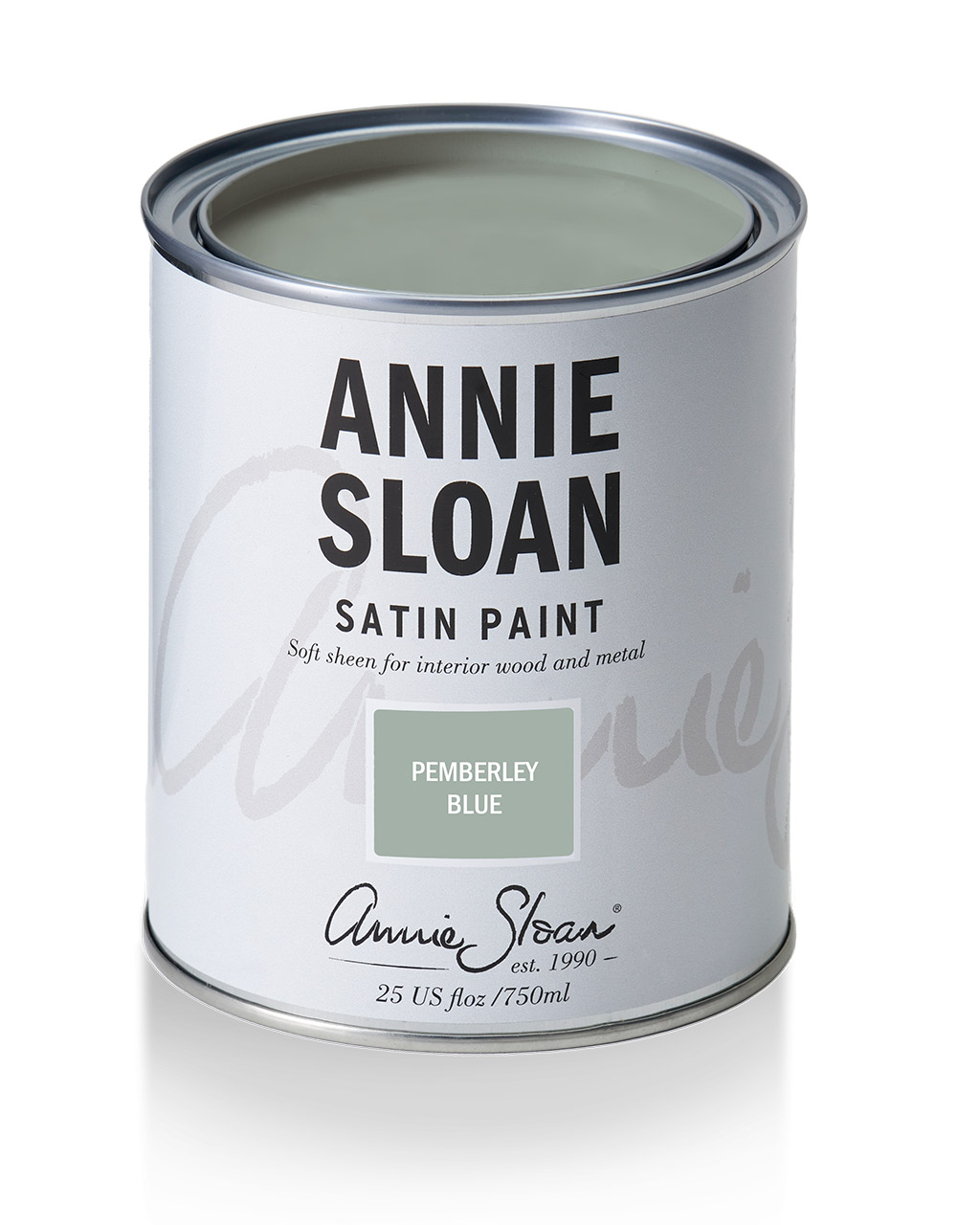 Product shot of Annie Sloan Satin Paint tin in Pemberley Blue