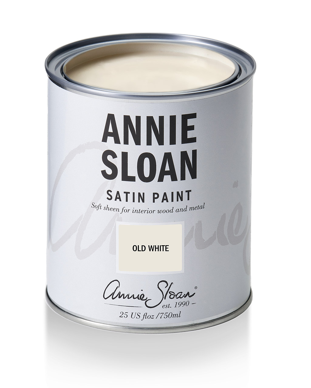 Product shot of Annie Sloan Satin Paint tin in Old White
