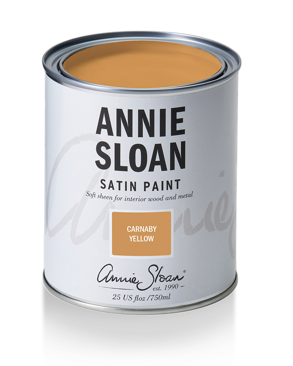 Product shot of Annie Sloan Satin Paint tin in Carnaby Yellow