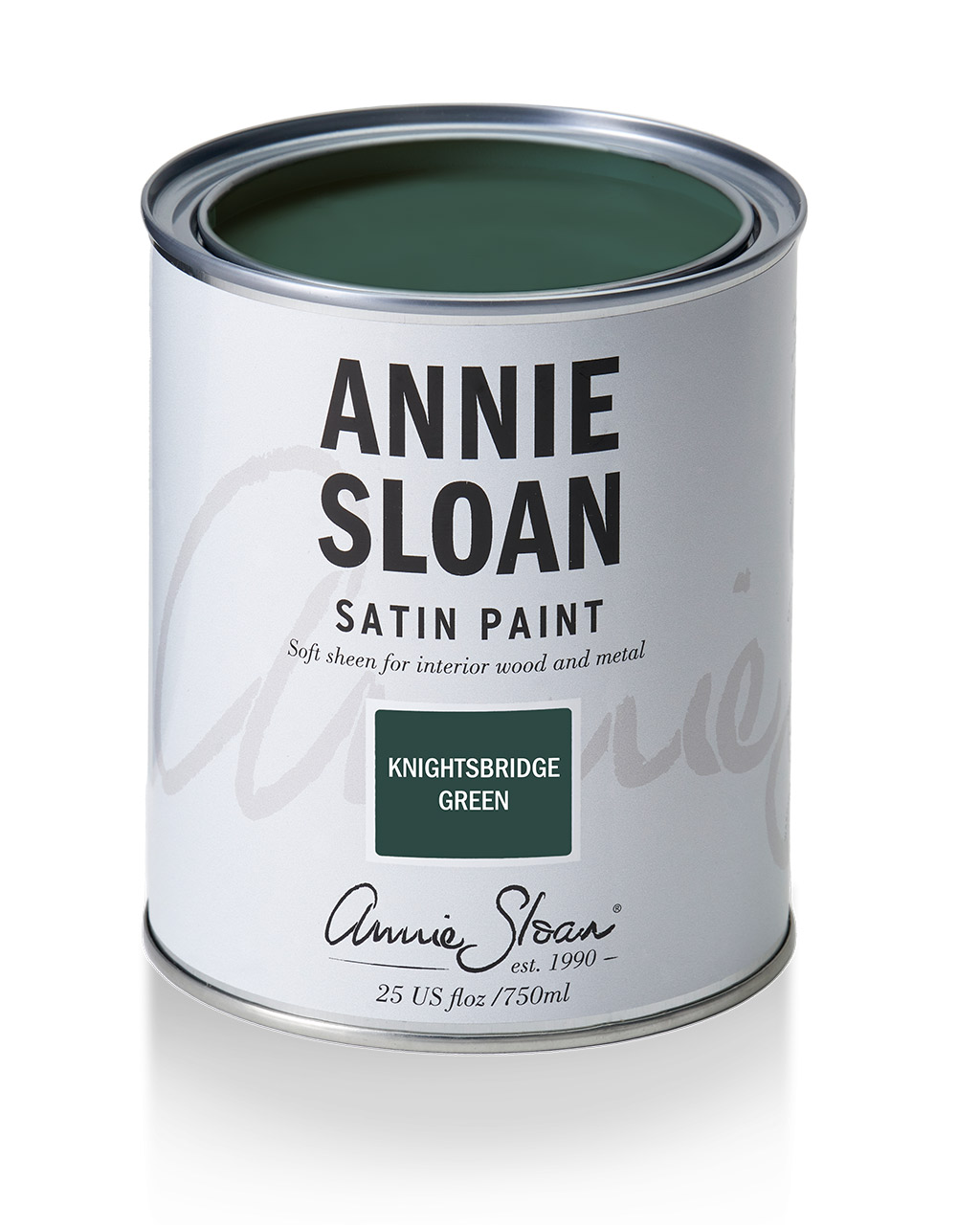 Product shot of Annie Sloan Satin Paint tin in Knightsbridge Green
