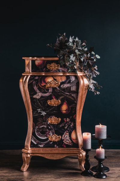 84 Square Lethal Fruit Bombe Chest of Drawers with Candle and Foliage Staging