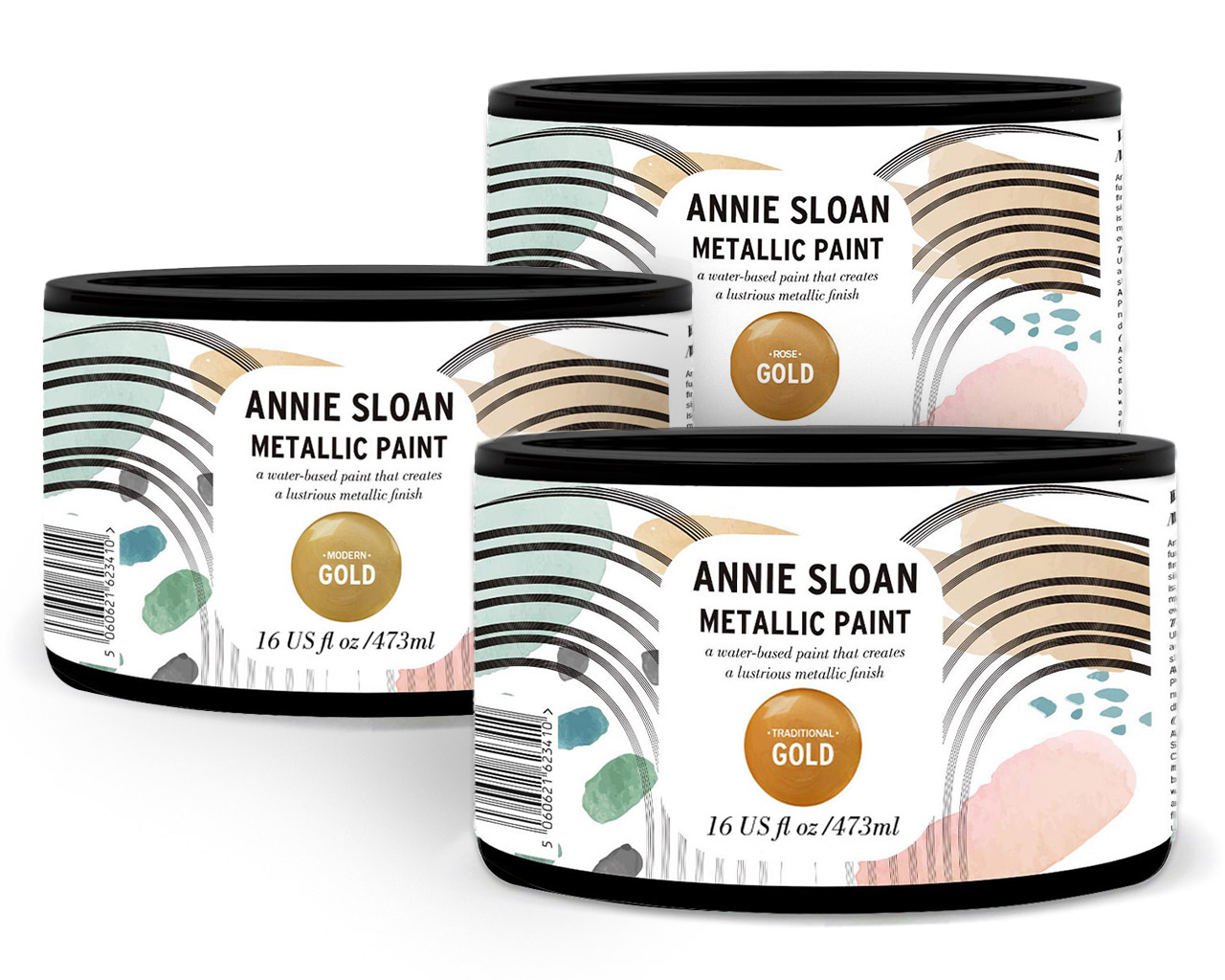 Metallic paint pots in three colours by Annie Sloan