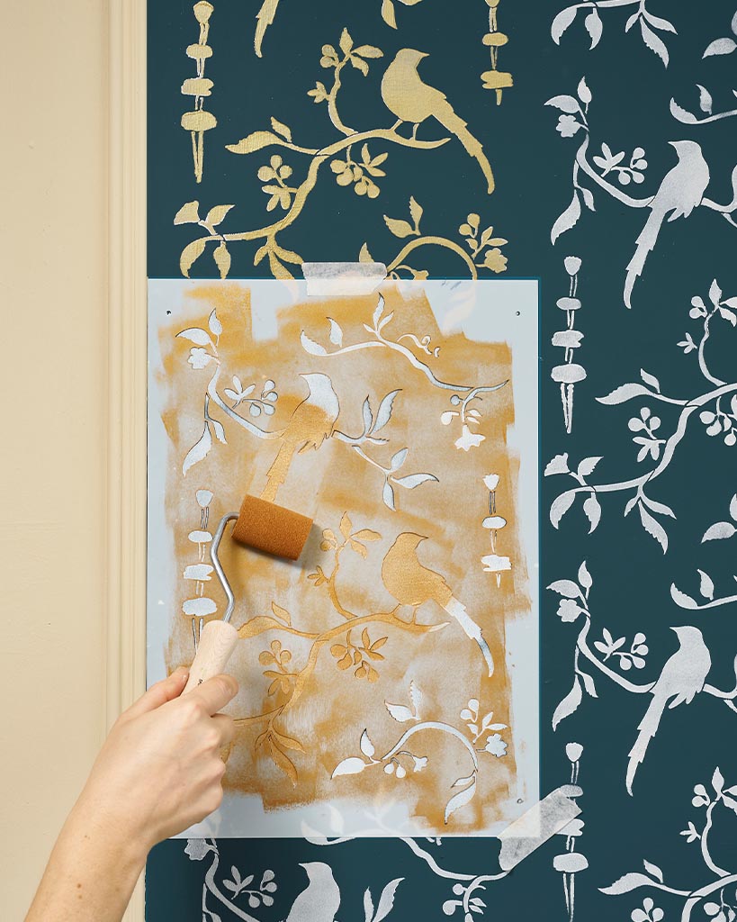 Paint the stencil design over the Old White using metallic traditional gold