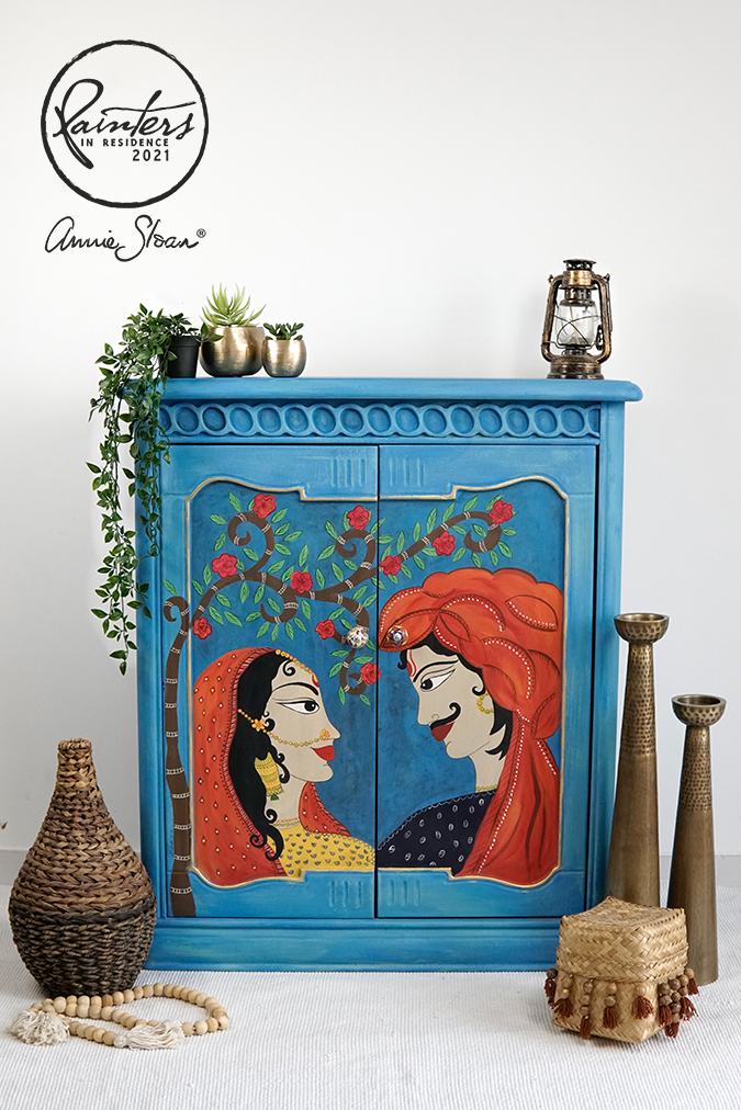 Chalk Paint by Annie Sloan used to paint a small cabinet in traditional Indian Madhubani style.