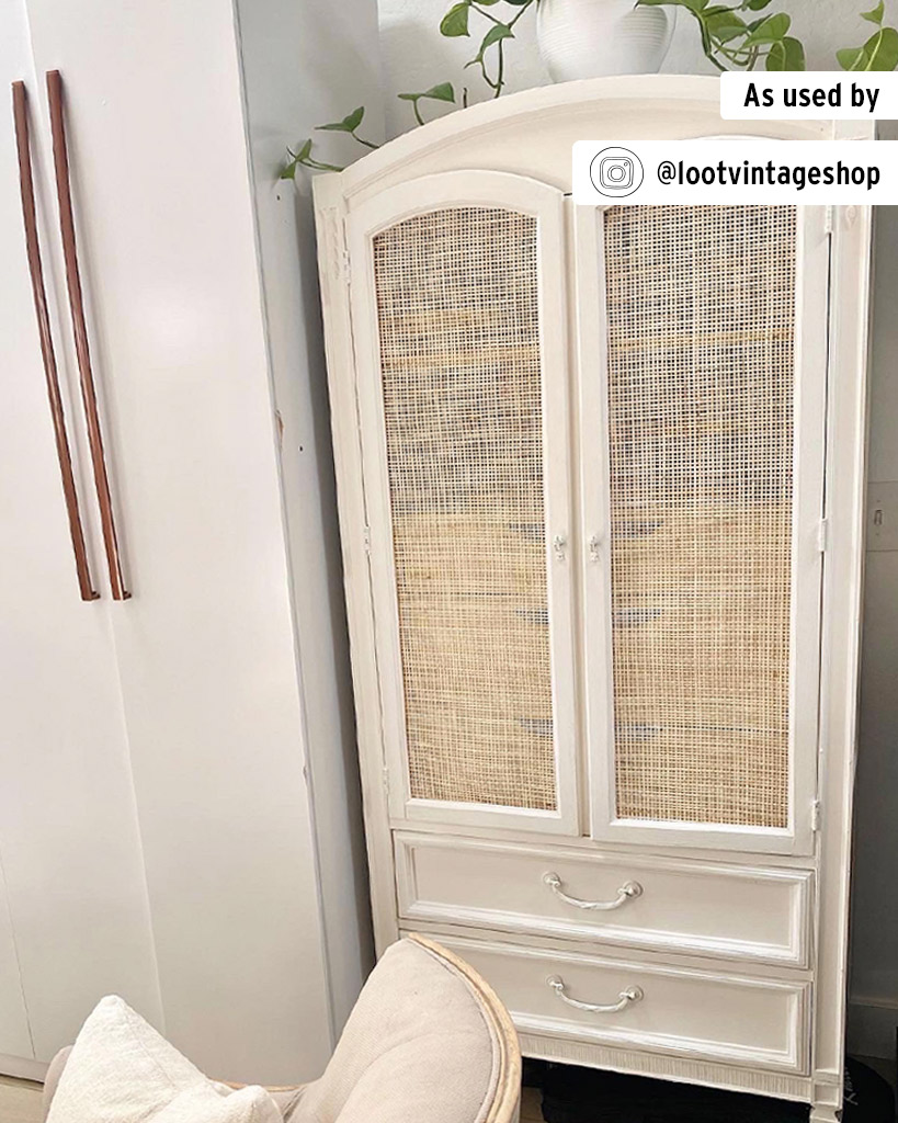 Pure White Chalk Paint used by an Annie Sloan stockist on a rattan cabinet, close up