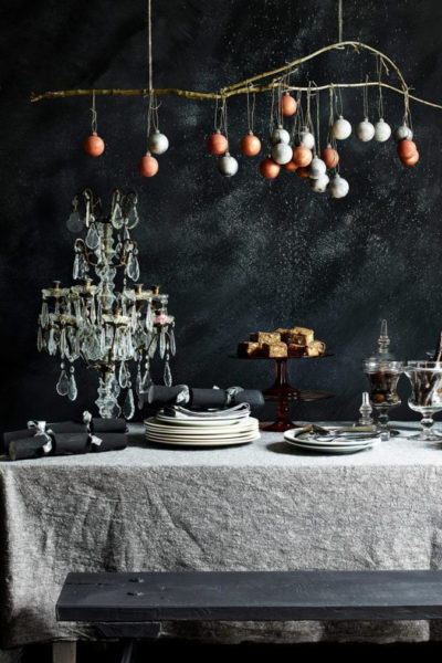 Dark Christmas Dining room painted by Annie Sloan in Chalk Paint® in Athenian Black, with fabric and rusty rustic baubles