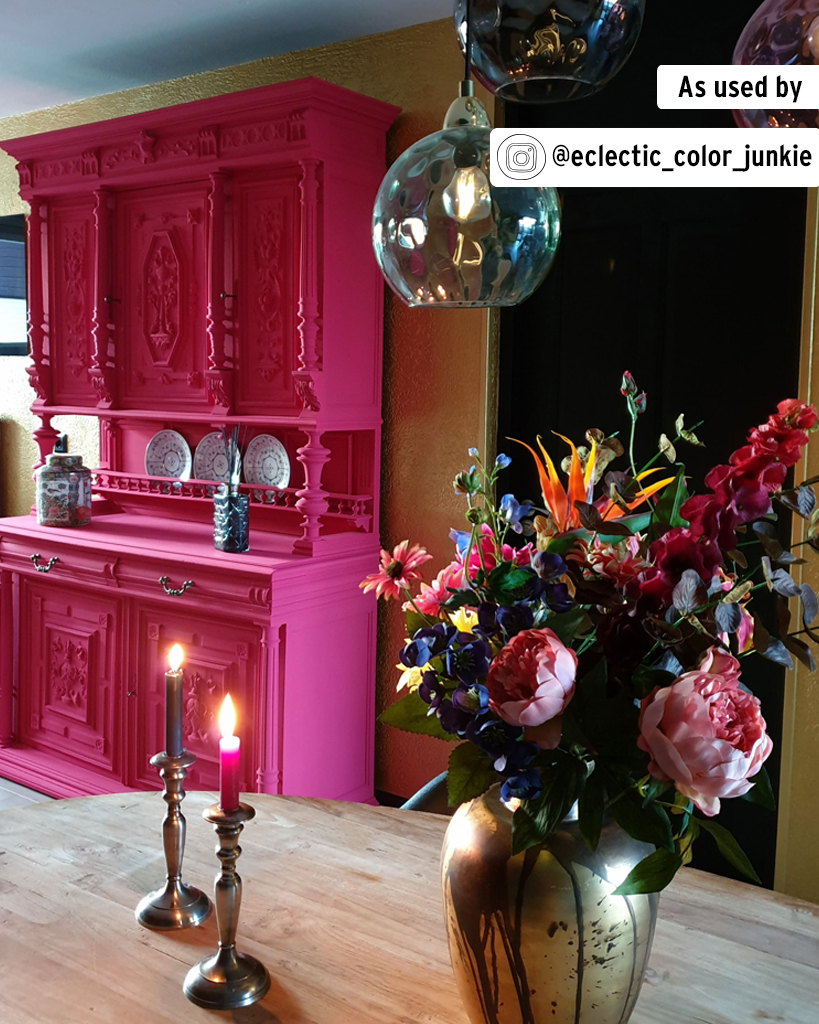 Annie Sloan Capri Pink Chalk Paint Cabinet and Vase of Flowers in Foreground