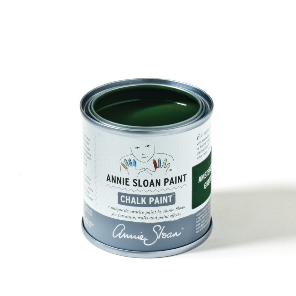 120 ml tin of Amsterdam Green Chalk Paint® furniture paint by Annie Sloan, a strong, deep forest green