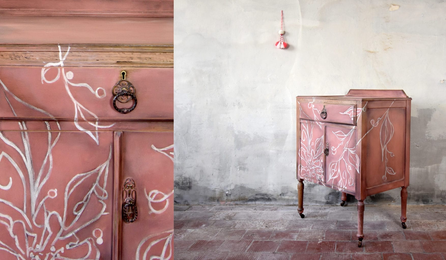 Annie Sloan Painter in Residence Maisie's House Chalk Paint® in Scandinavian Pink hand-drawn floral cabinet