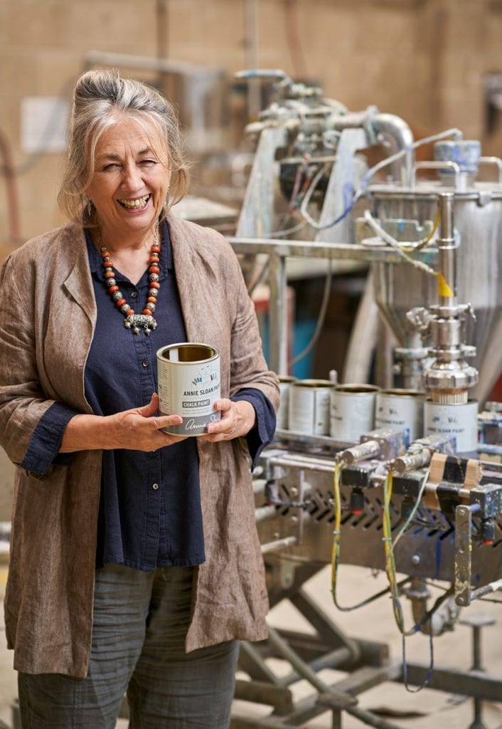 Annie Sloan in Chalk Paint factory in Oxford HQ by the filling line