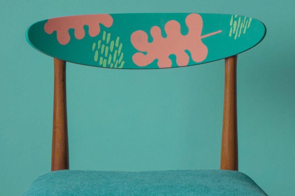 Chair painted with Chalk Paint® by Annie Sloan in Florence with Scandinavian Pink and Antibes Green patterns