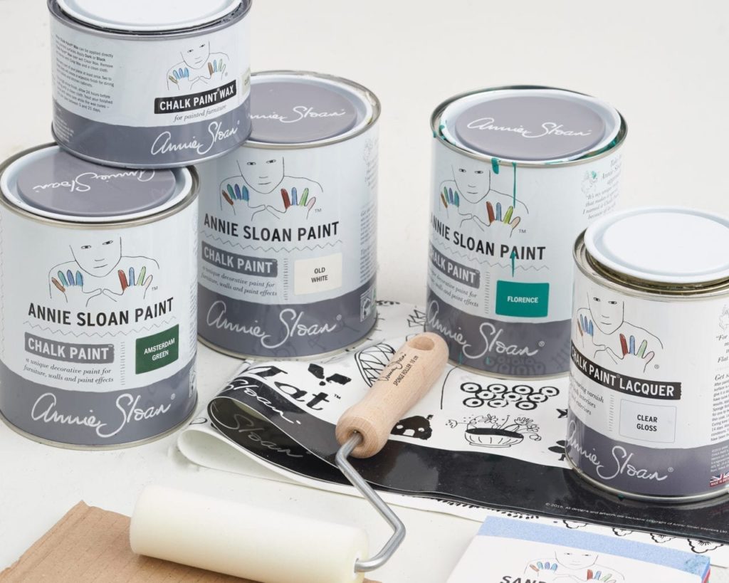 Chalk Paint® by Annie Sloan tins with Wax and Lacquer and a Sponge Roller and a MixMat