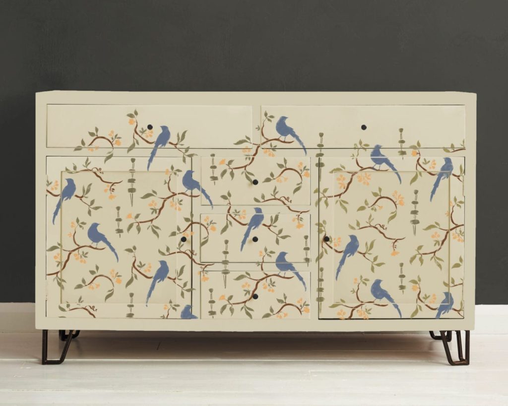 Chest of drawers painted with Chalk Paint® by Annie Sloan and stencilled with the Chinoiserie Birds Stencil