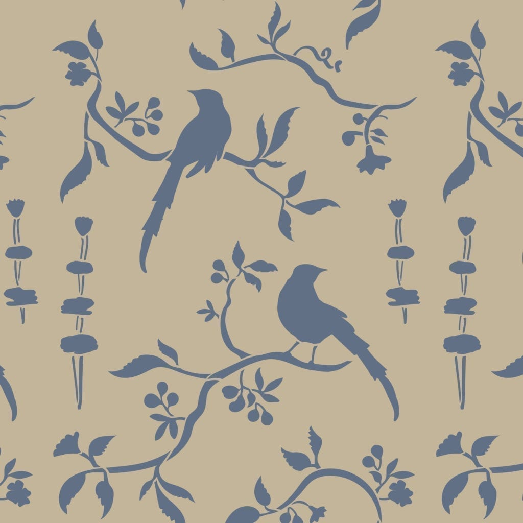 Chinoiserie Birds Stencil by Annie Sloan design in Country Grey and Old Violet