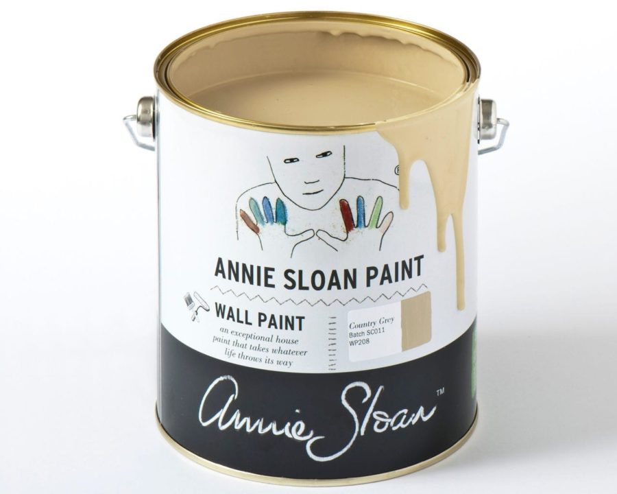 2.5 litre tin of Wall Paint by Annie Sloan in Country Grey, a rustic putty cream biege
