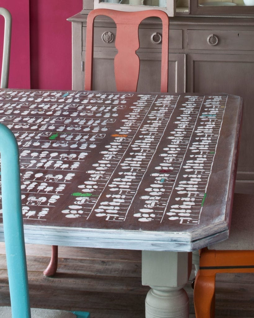 Dining Wooden table stencilled with Trees Stencil by Annie Sloan and Chalk Paint in Old White