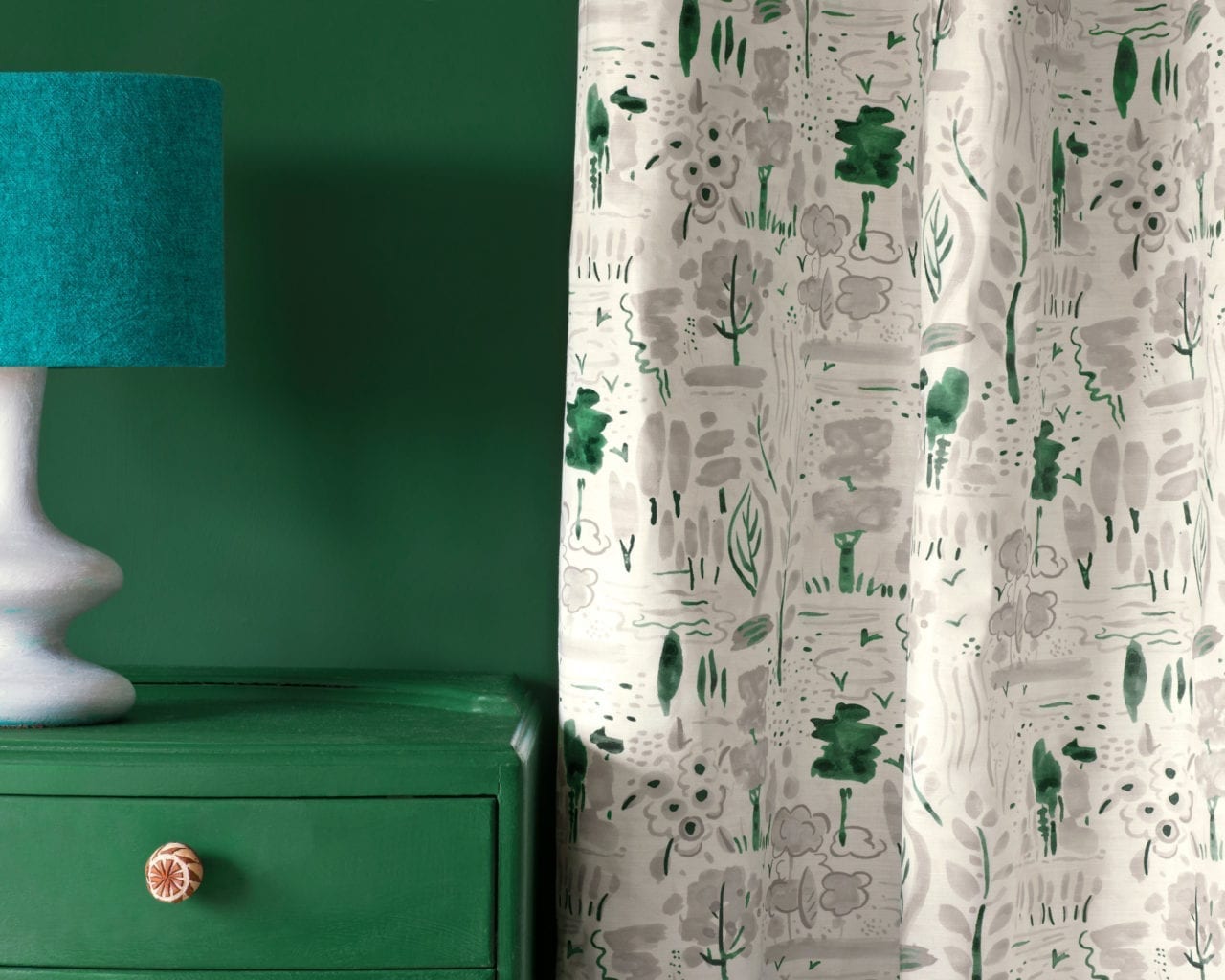 Dulcet in Old White fabric by Annie Sloan curtain and Chalk Paint in Amsterdam Green chest of drawers and Wall Paint