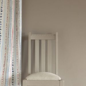 French Linen Wall Paint by Annie Sloan, chair painted with Chalk Paint® in French Linen, Piano in Old Violet curtain and seat cushion in Linen Union in Old White + French Linen