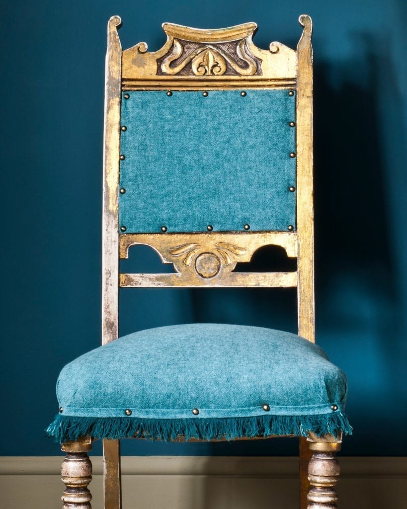 Gilded and painted chair upholstered with Linen Union fabric by Annie Sloan in Provence + Aubusson Blue