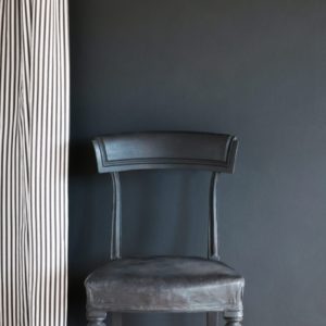 Graphite Wall Paint by Annie Sloan, chair painted with Chalk Paint® in Graphite and Ticking in Graphite curtain