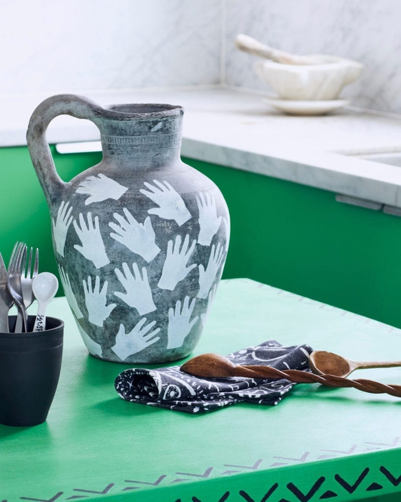 Jug stencilled with Chalk Paint in Old White using the Hands Stencil by Annie Sloan in an Antibes Green kitchen