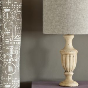 Linen Union fabric by Annie Sloan in Old White + French Linen lampshade Chalk Paint in Emile side table and Tacit in French Linen curtain