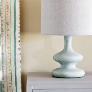 Linen Union fabric by Annie Sloan in Paloma + Old White lampshade, Chalk Paint® in Paloma side table and Piano in Provence curtain