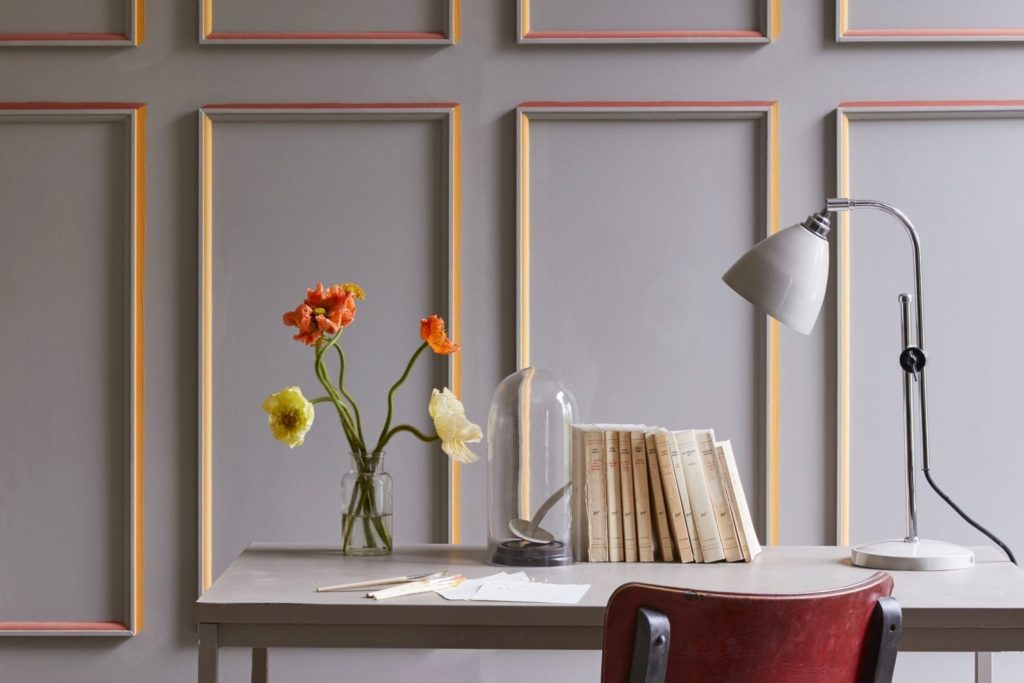 Panelled study painted with Paris Grey by Annie Sloan and highlighted with Arles and Burgundy