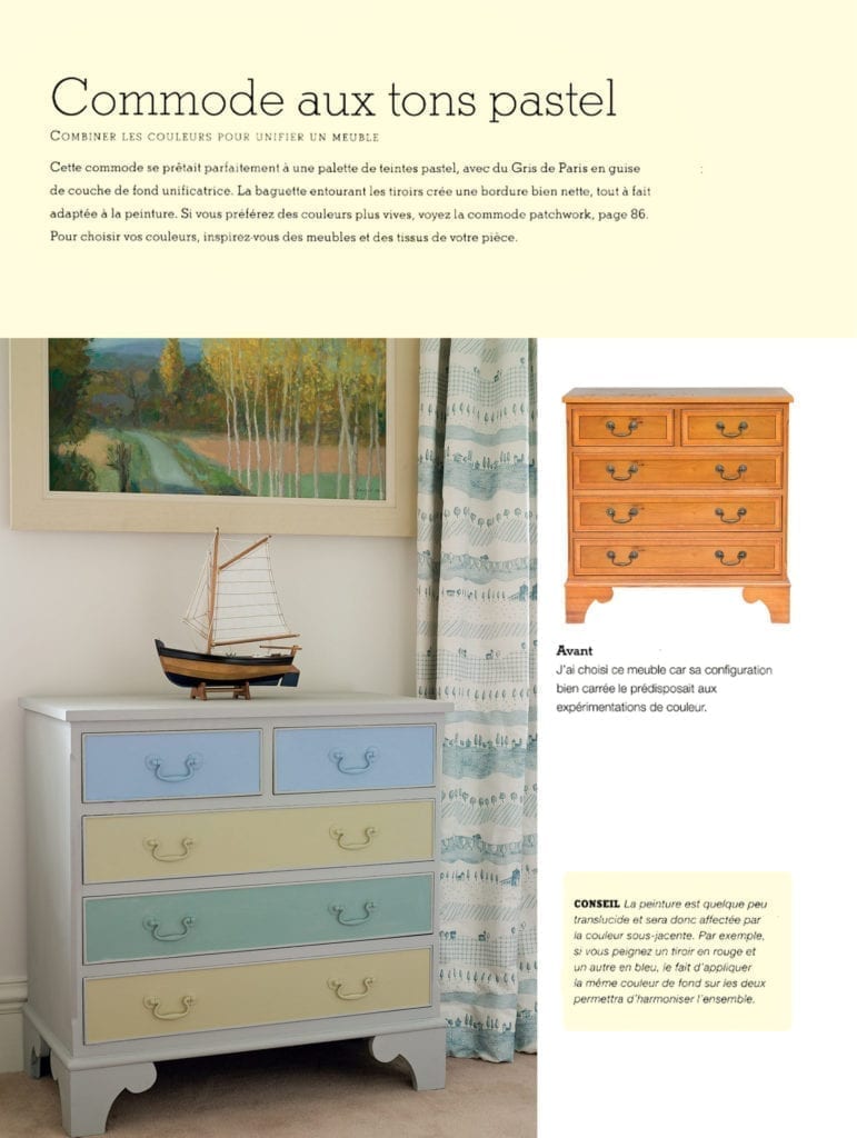 Quick and Easy Paint Transformations by Annie Sloan book published by Cico pastel chest of drawers page 88 translated to French