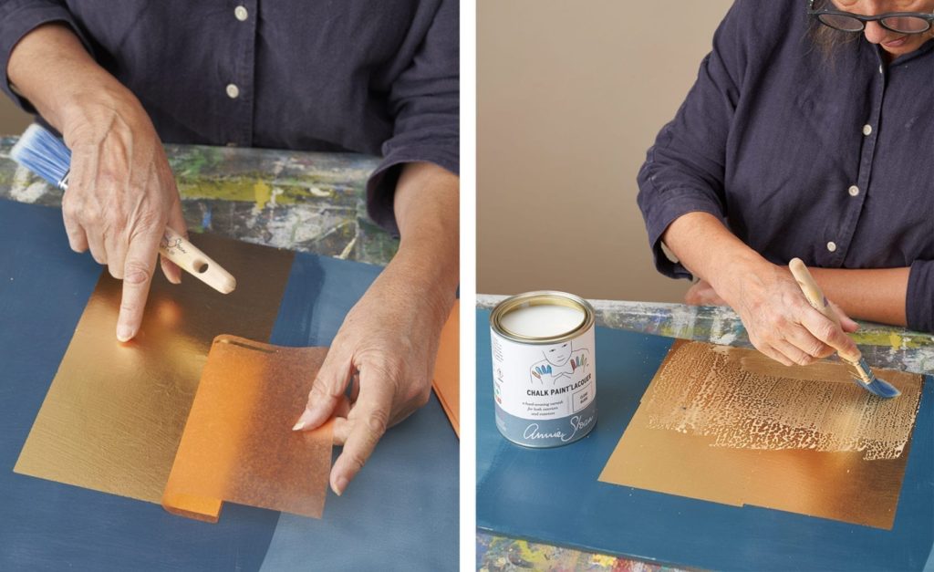 Kitchen painted with Chalk Paint® by Annie Sloan in Aubusson Blue with a gilded Imitation Gold Leaf splash-back, step 3 and 4