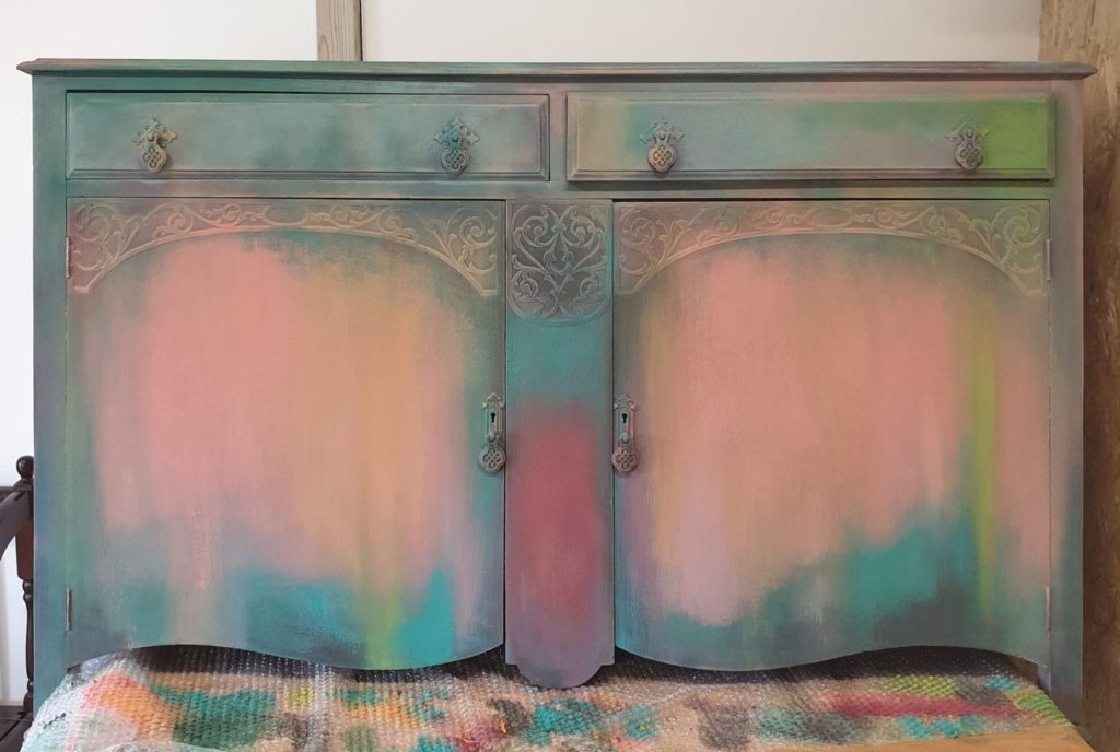 Rainbow Bohemian Sideboard by Annie Sloan Painter in Residence Chloe Kempster painted with Chalk Paint® progress